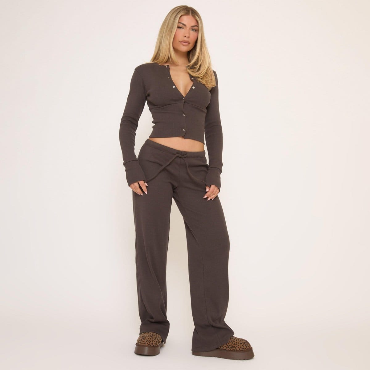 EGO Mid Rise Drawstring Waist Straight Leg Trousers In Dark Brown Ribbed, Women's Size UK 4 - 1