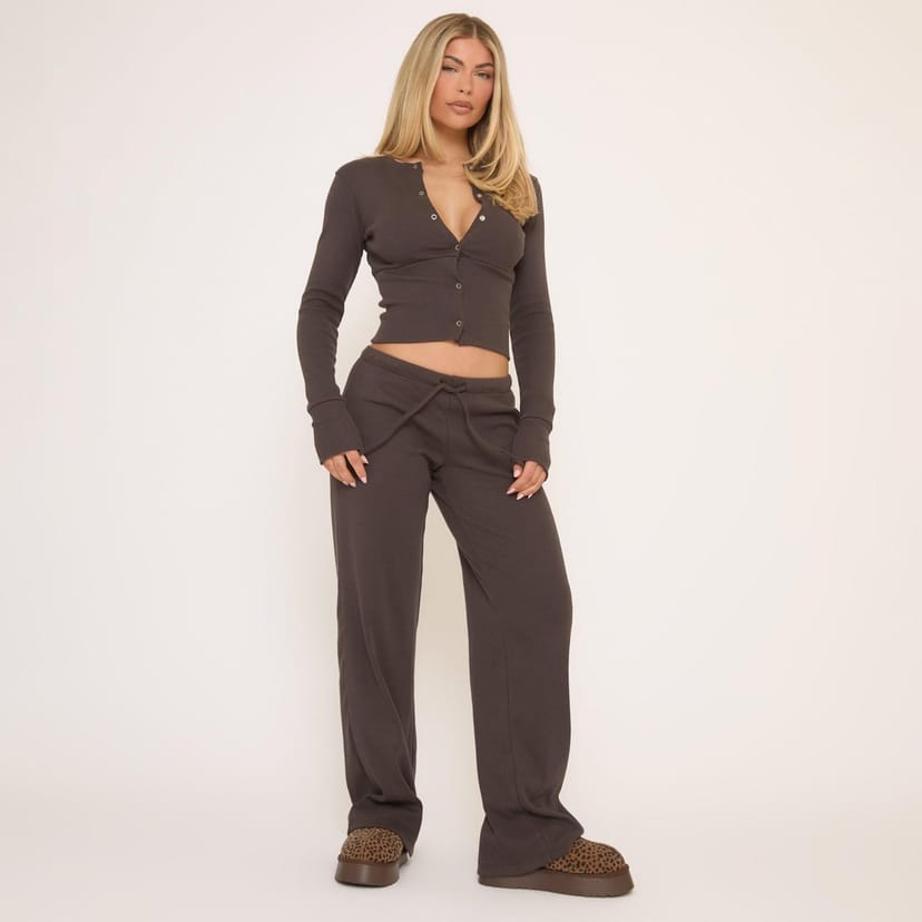 EGO Mid Rise Drawstring Waist Straight Leg Trousers In Dark Brown Ribbed, Women's Size UK 4 - 1