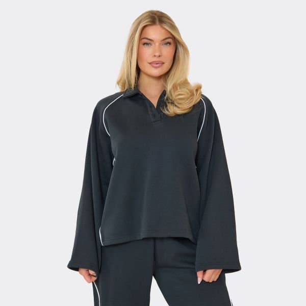 EGO Contrast Stripe Button Up Polo Sweatshirt In Navy Blue, Women's Size UK 6