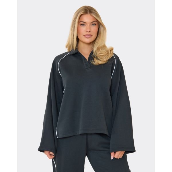 EGO Contrast Stripe Button Up Polo Sweatshirt In Navy Blue, Women's Size UK 6 - 2