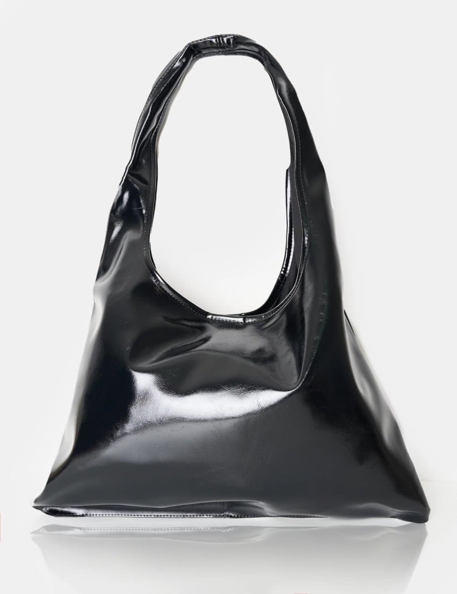 Public Desire The Shadow Black Patent Slouchy Hobo Tote Bag
