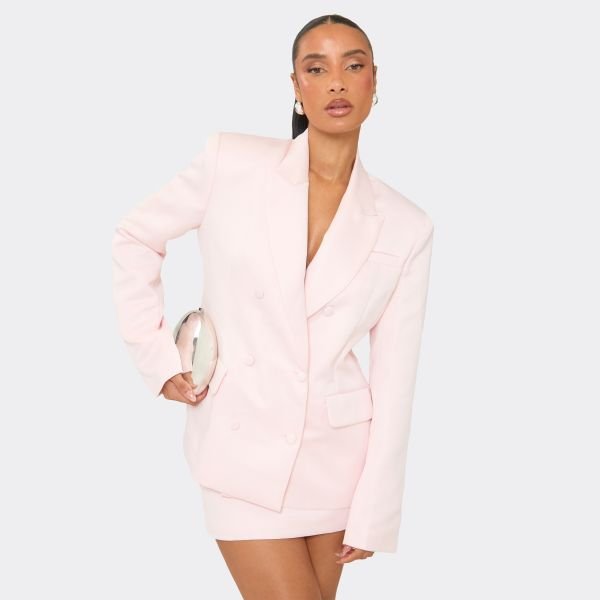 EGO Oversized Button Front Structured Blazer In Pink Satin, Women's Size UK 6 - 1