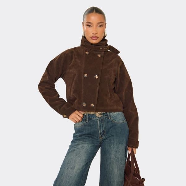 EGO Funnel Neck Cropped Trench Jacket In Chocolate Brown Suede, Women's Size UK 6