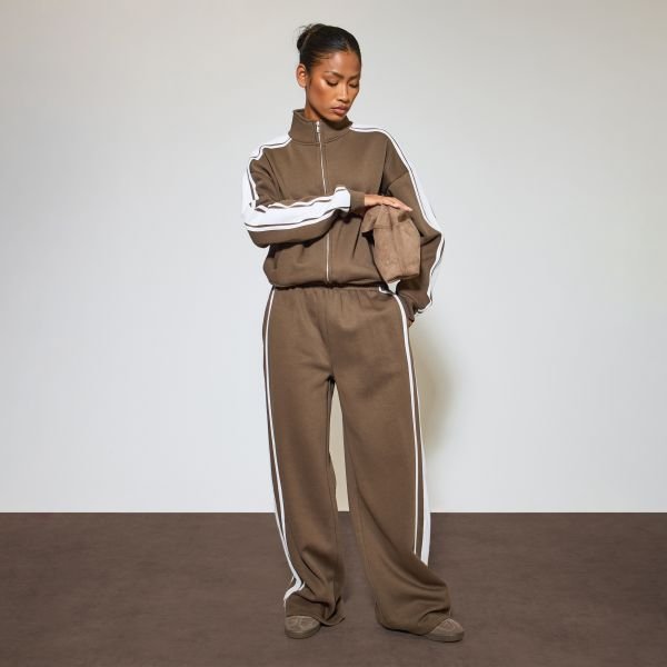 EGO Mid Rise Contrast Stripe Detail Straight Leg Joggers In Brown, Women's Size UK 6 - 1