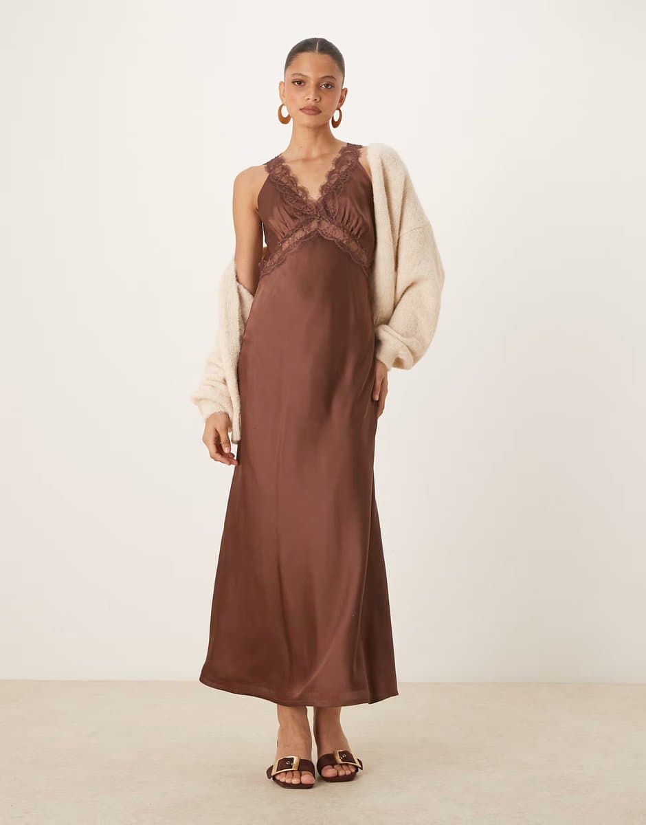 ASOS OMNES Aurelia Satin Lace Trim Maxi Dress in brown