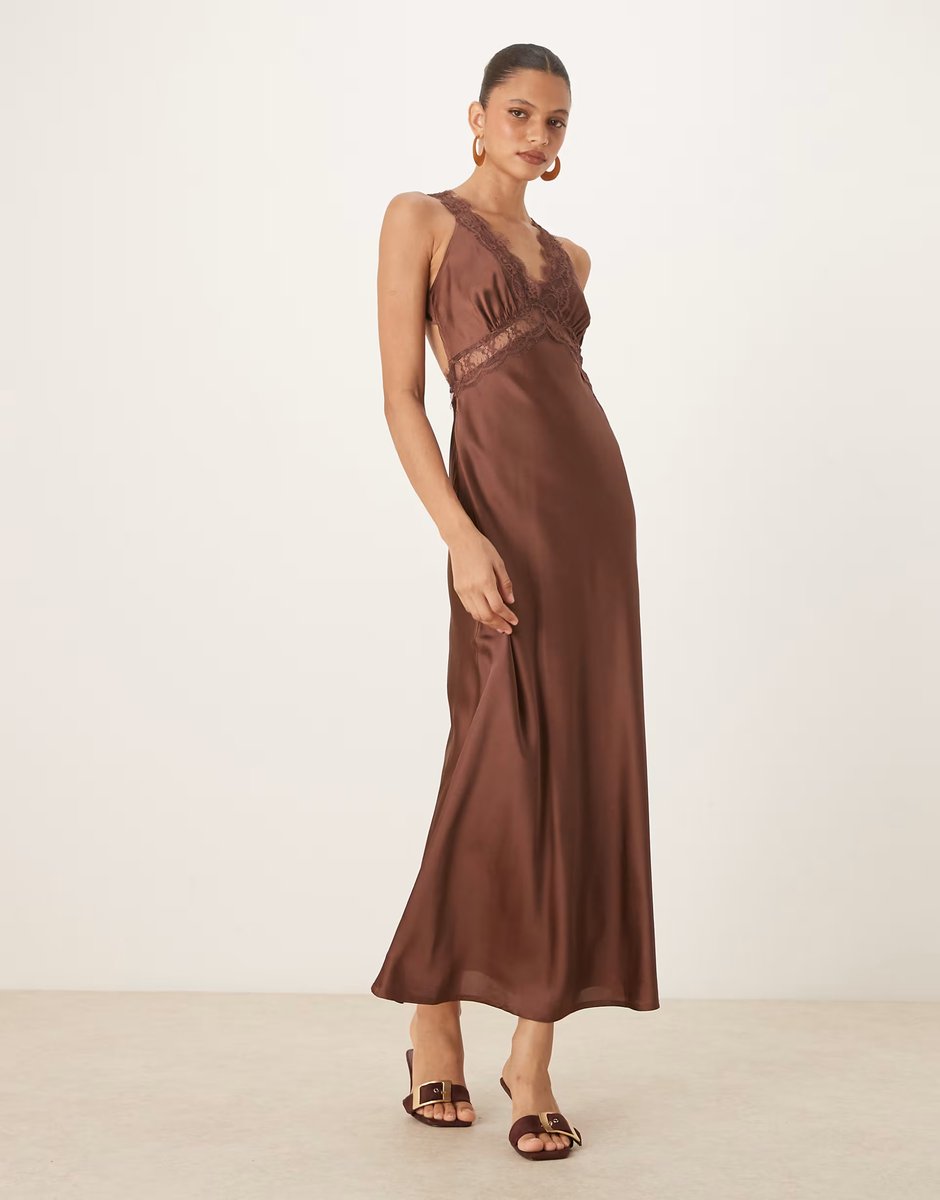 ASOS OMNES Aurelia Satin Lace Trim Maxi Dress in brown - 4