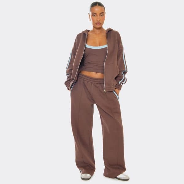 EGO Low Rise Contrast Side Stripe Straight Leg Joggers In Brown, Women's Size UK 6