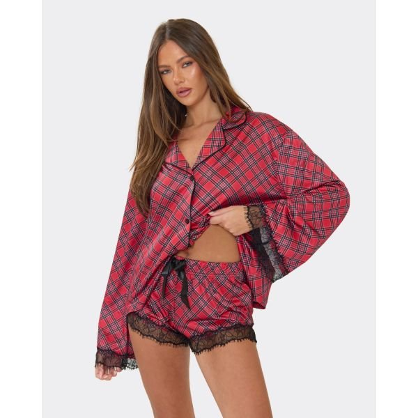 EGO Long Sleeve Lace Trim Top And Shorts Pyjama Set In Red Checked Print, Women's Size UK 6 - 2