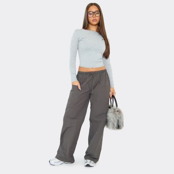EGO Tie Waist Pocket Detail Trousers In Charcoal Grey Shell, Women's Size UK 6
