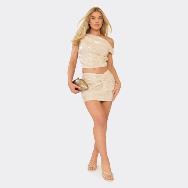EGO Knot Front Detail Mini Skirt In Champagne Sequin, Women's Size UK 8 - 1