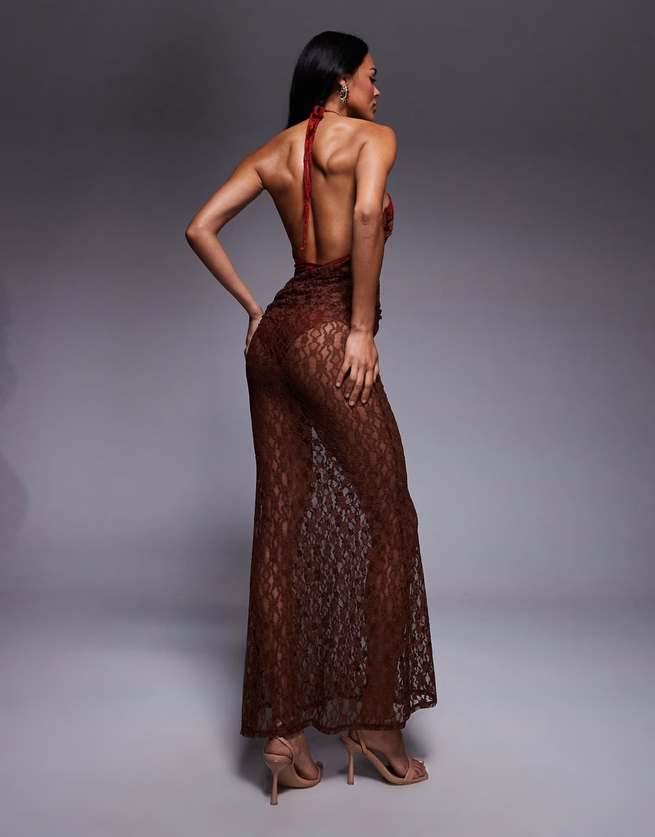 ASOS ASOS DESIGN lace halter maxi dress with twist skirt detail in red and chocolate - 3