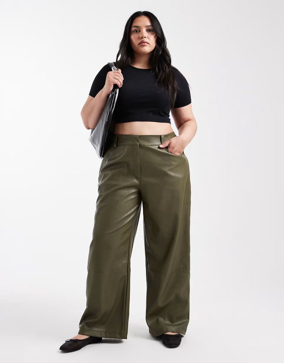 ASOS ASOS Faux Leather Low Rise Trousers in Forest Green