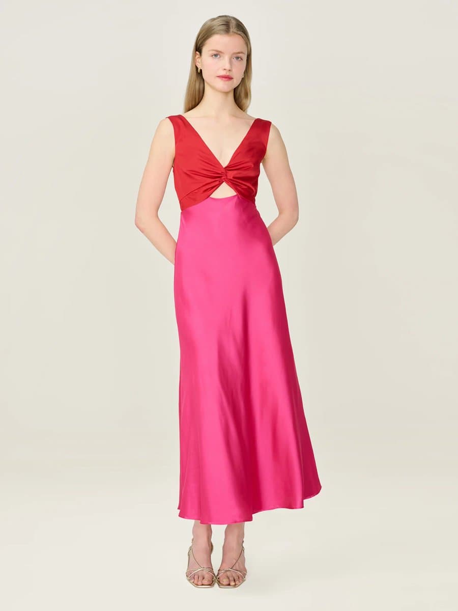 OMNES OMNES Raspberry and Barbados Cherry Satin Midi Dress