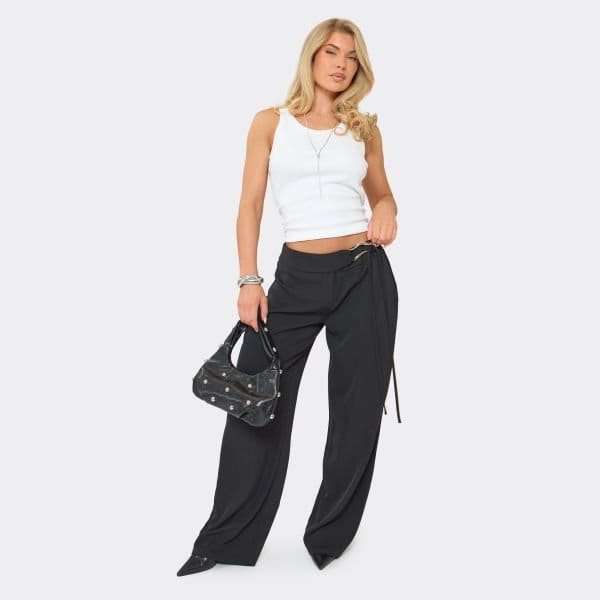 EGO Mid Rise Waistband Detail Wide Leg Trousers In Black, Women's Size UK 6 - 1