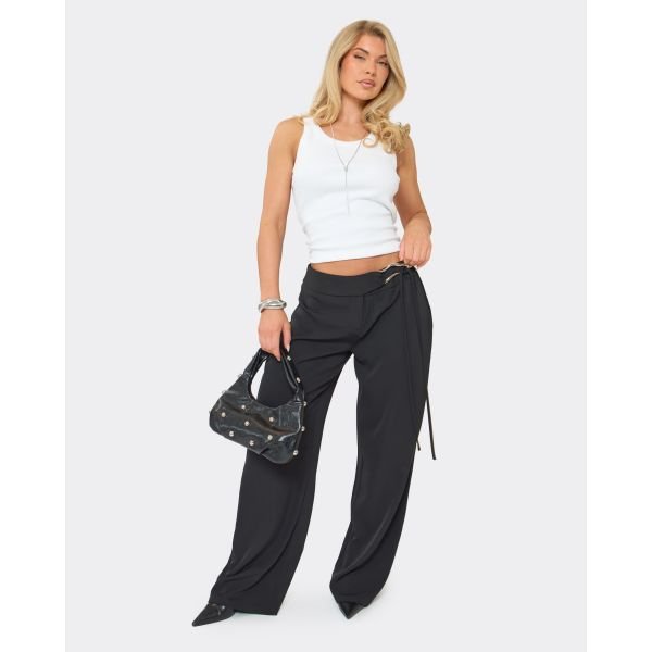 EGO Mid Rise Waistband Detail Wide Leg Trousers In Black, Women's Size UK 6 - 2