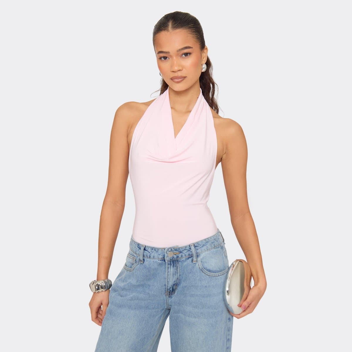 EGO Halterneck Cowl Front Bodysuit In Baby Pink Slinky, Women's Size UK 6