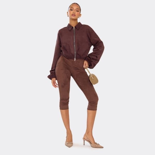 EGO EGO Mid Rise Capri Trousers in Brown Faux Suede
