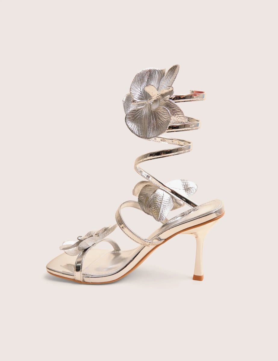 Public Desire Lotus Silver Mirror & Silver Flower Trim Wrap Around Flared Stiletto High Heels