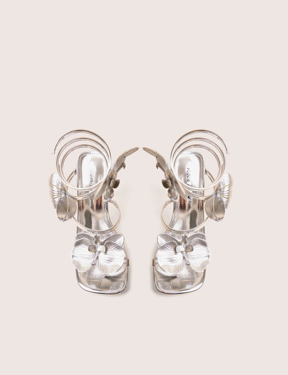 Public Desire Lotus Silver Mirror & Silver Flower Trim Wrap Around Flared Stiletto High Heels - 2