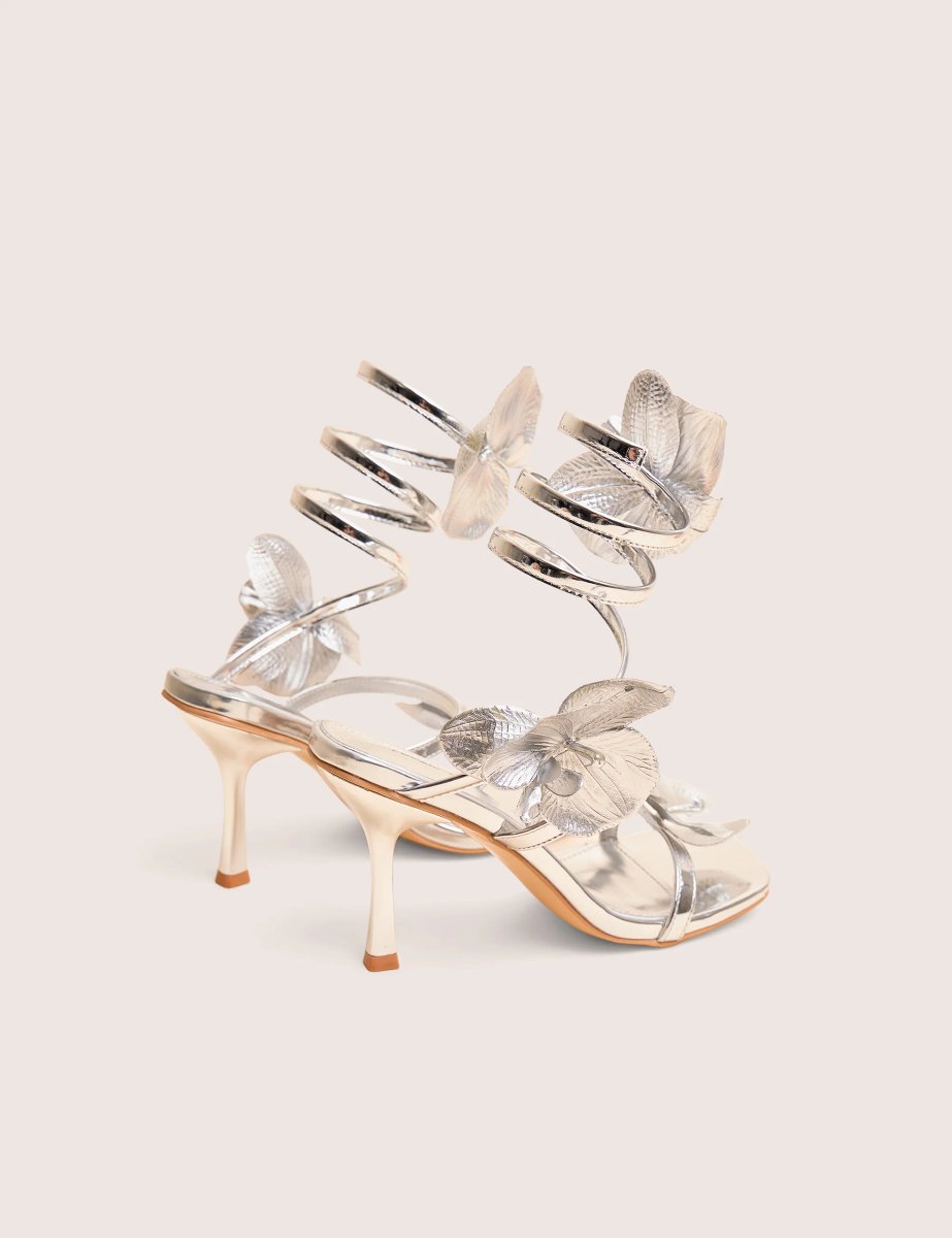 Public Desire Lotus Silver Mirror & Silver Flower Trim Wrap Around Flared Stiletto High Heels - 3