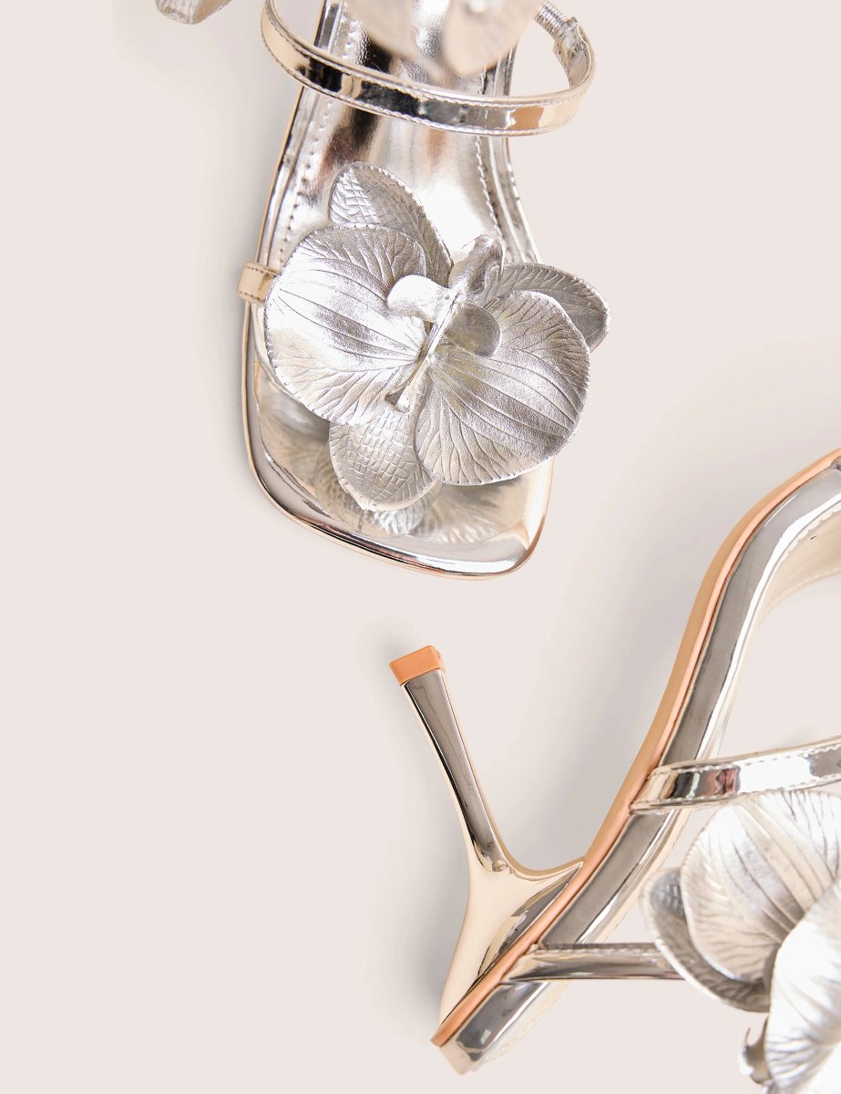 Public Desire Lotus Silver Mirror & Silver Flower Trim Wrap Around Flared Stiletto High Heels - 4