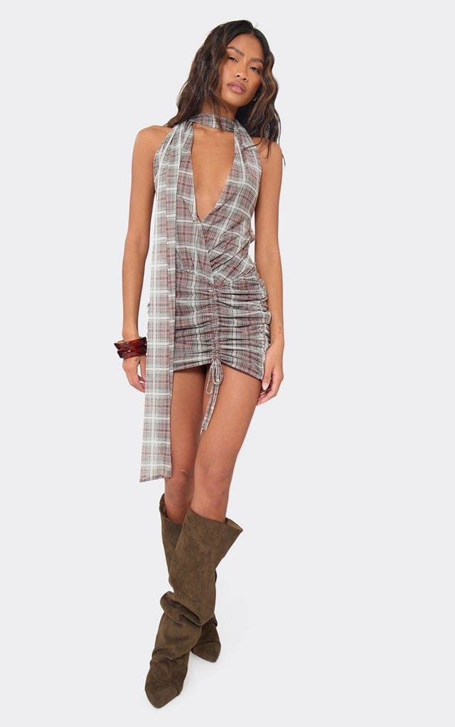 EGO Plunge Front Neck Tie Detail Ruched Mini Dress In Green And Brown Check Print Mesh, Women's Size UK 6 - 2