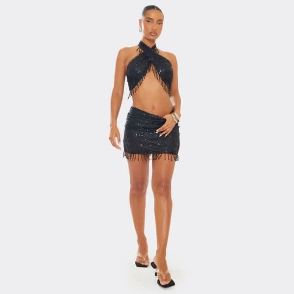 EGO Mid Waist Beaded Tassel Trim Mini Skirt In Black Sequin, Women's Size UK 6