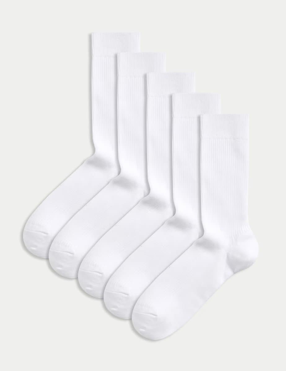 Marks & Spencer M&S 5 Pack Cotton Rich Ribbed Socks in White
