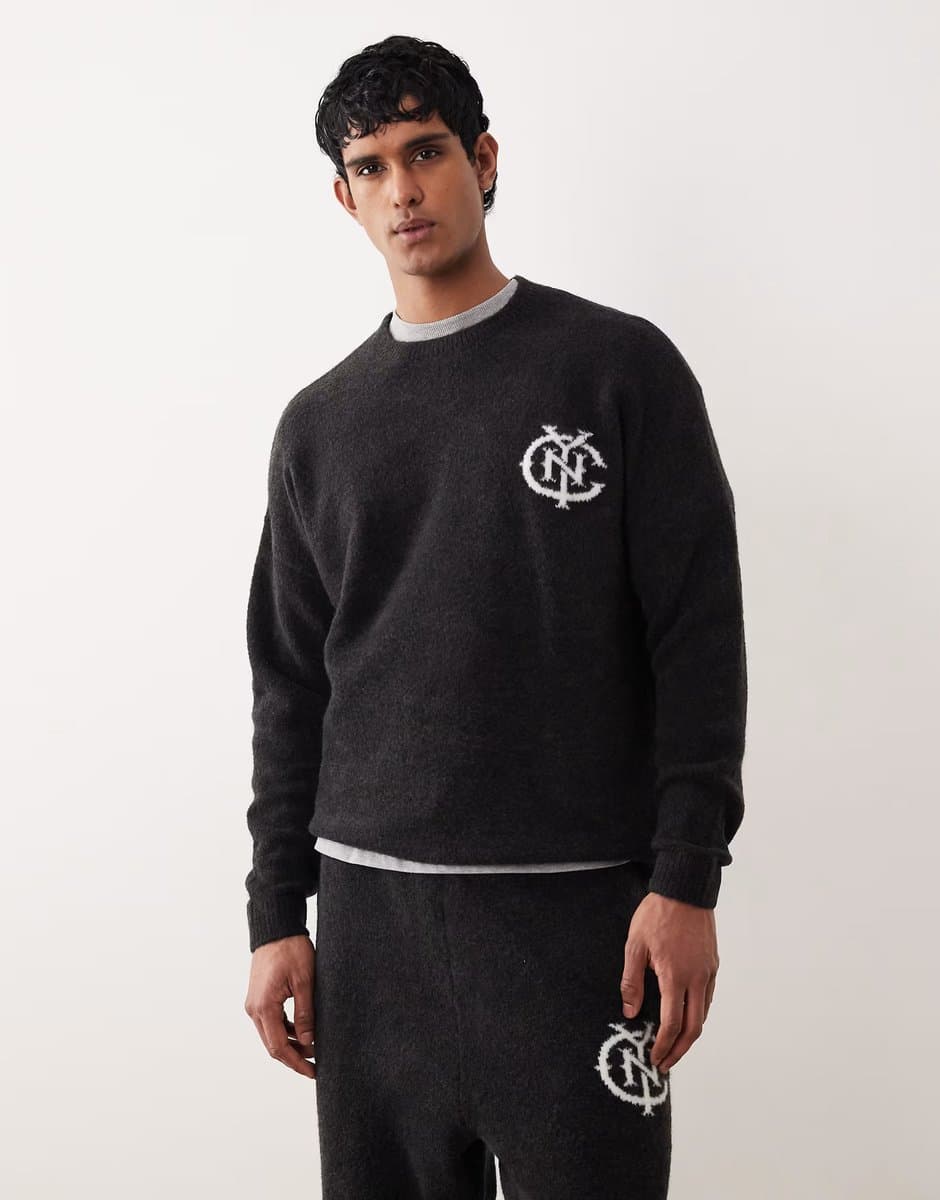 ASOS ASOS DESIGN oversized co-ord knitted jumper with NYC chest logo in washed black
