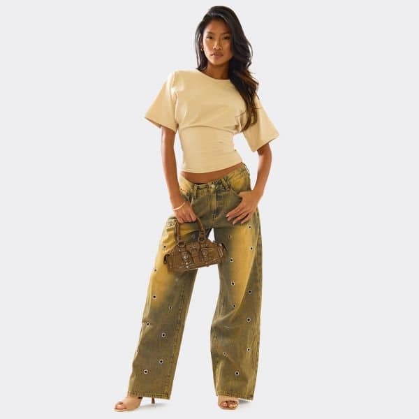 EGO Low Rise Eyelet Detail Straight Leg Jeans In Vintage Wash Denim, Women's Size UK 6