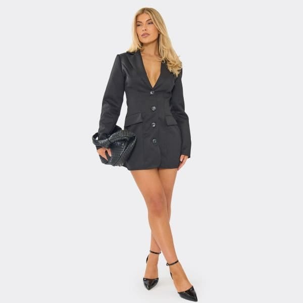 EGO Button Front Cinched Waist Blazer Dress In Black, Women's Size UK Small S - 1