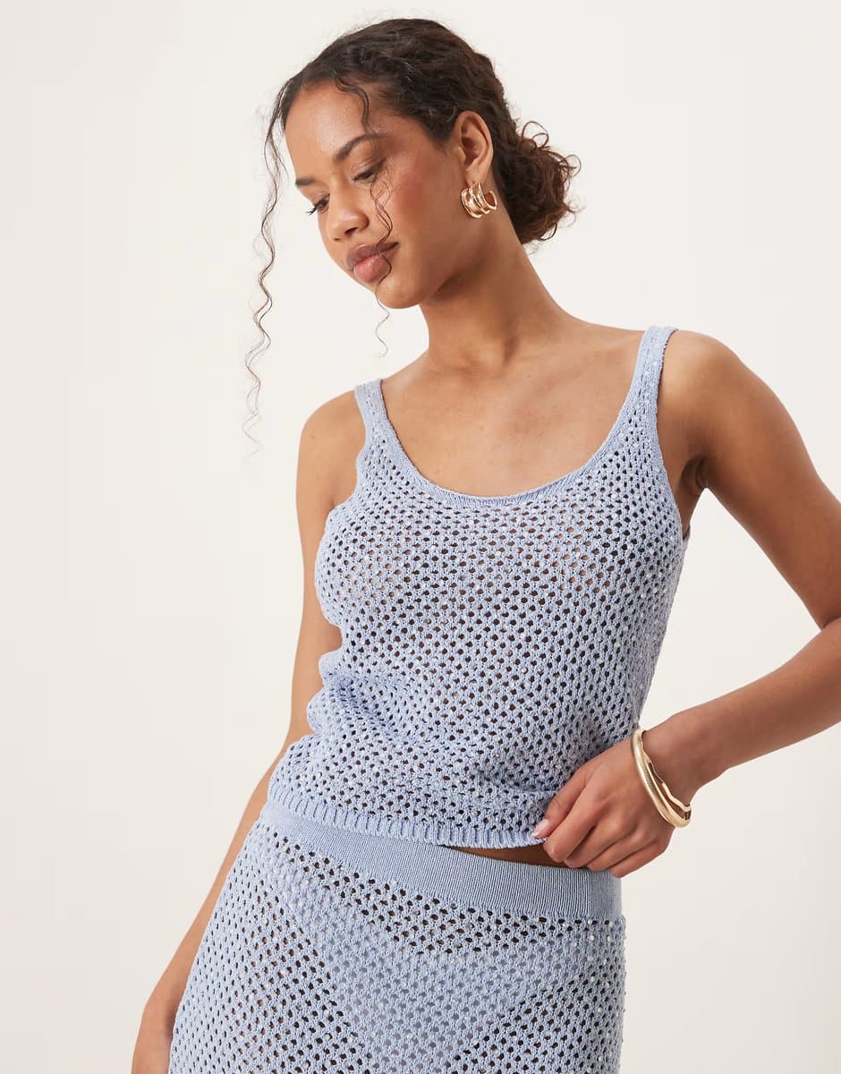 ASOS Mango crochet scoop neck embelished vest co-ord in sky blue 