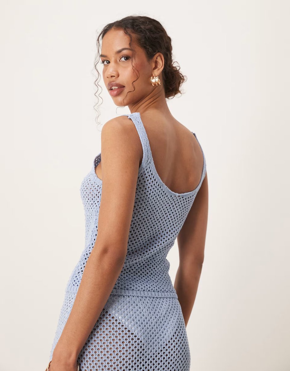ASOS Mango crochet scoop neck embelished vest co-ord in sky blue  - 4