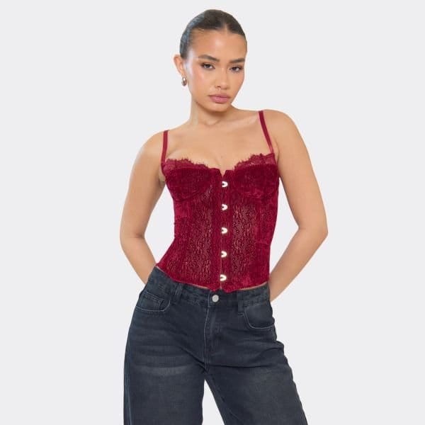 EGO Strappy Hook And Eye Corset Top In Burgundy Velvet Lace, Women's Size UK 6 - 1