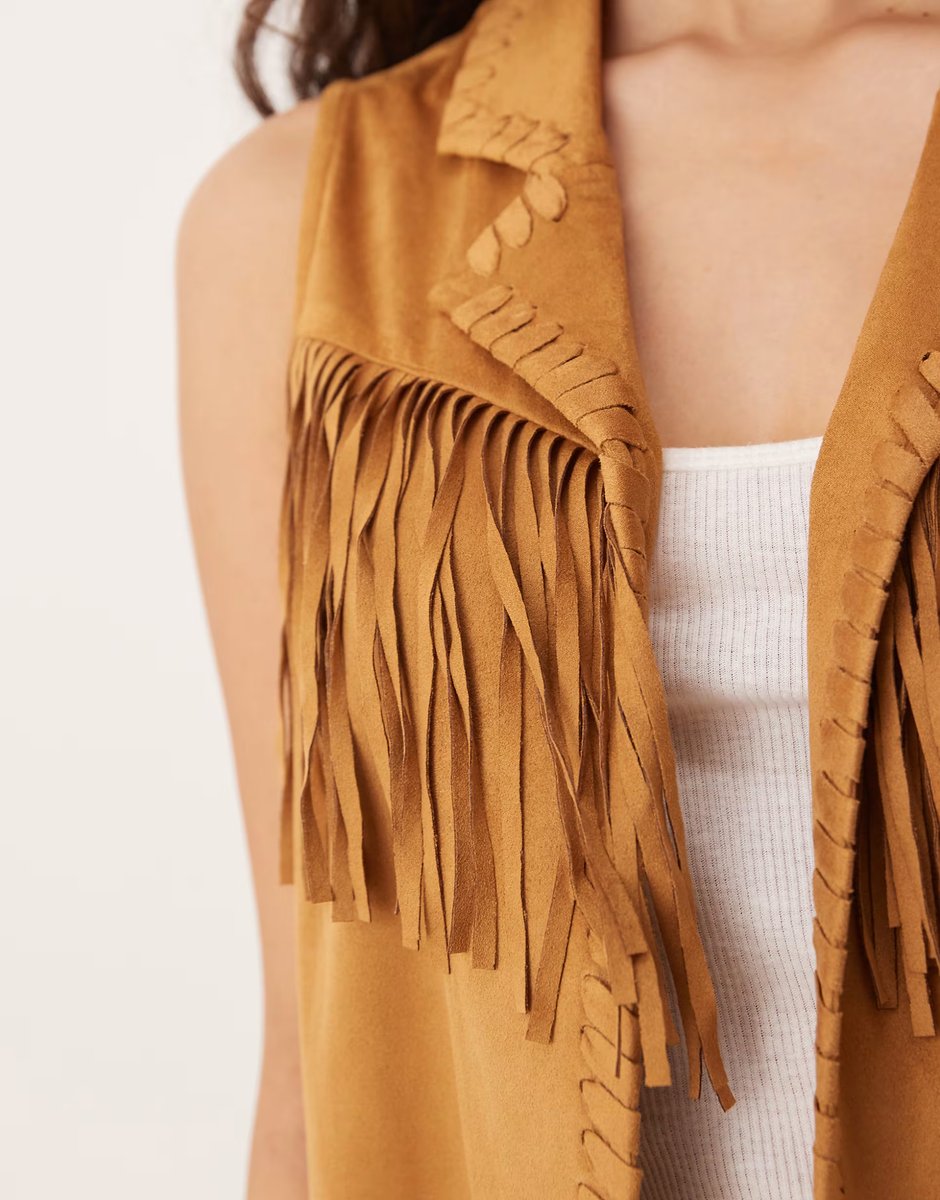 ASOS Wrangler x Lainey Wilson faux suede fringe waistcoat in tan - 4