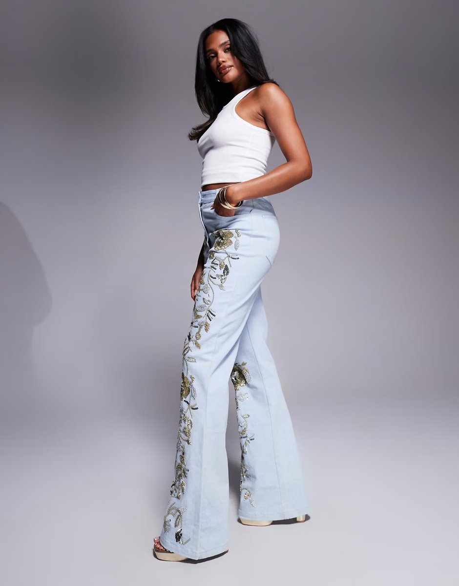 ASOS ASOS LUXE premium embellished gold denim jeans in mid wash blue - 4