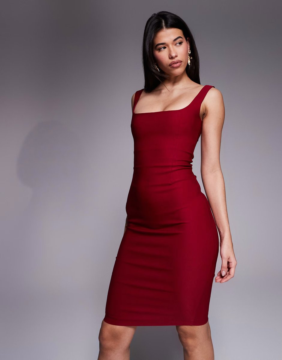 ASOS Vesper bengaline square neck bodycon midi dress in wine - 3