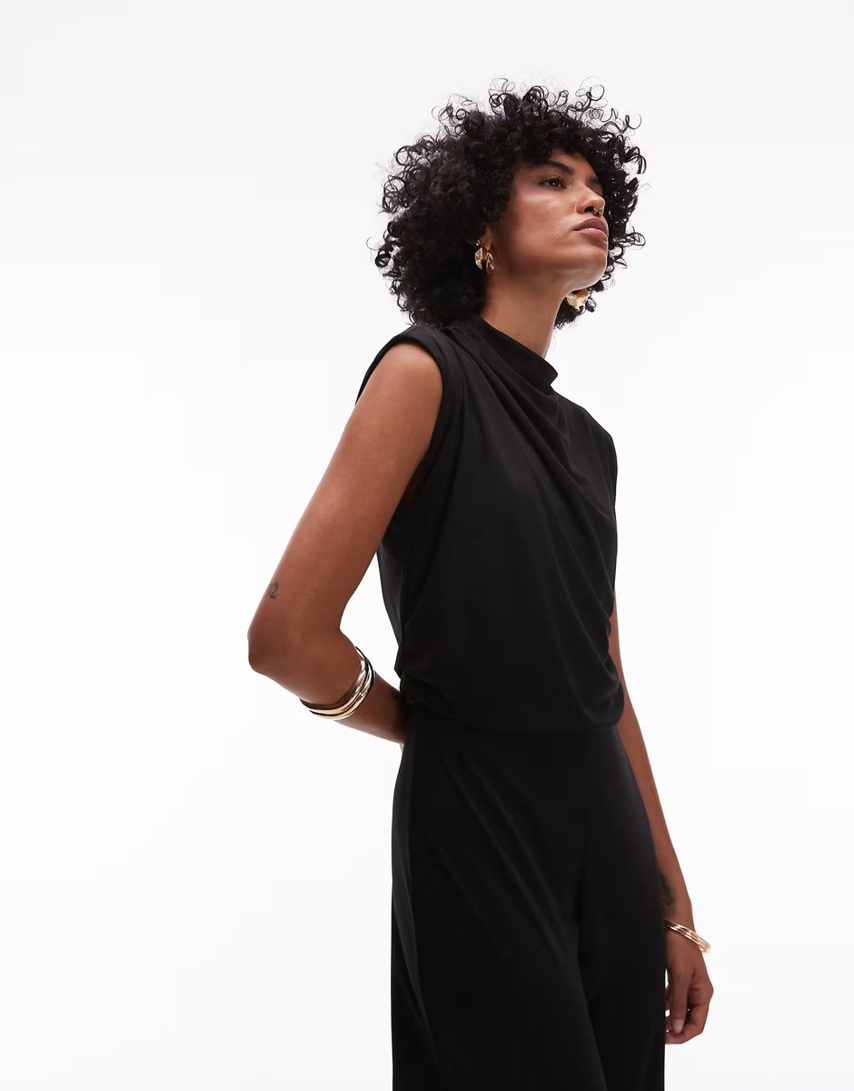 ASOS Mango drape neck detail sleeveless jumpsuit in black - 3