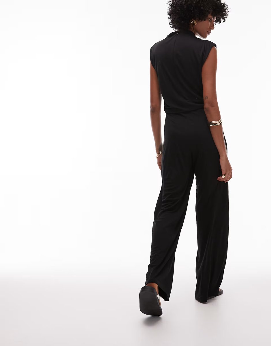 ASOS Mango drape neck detail sleeveless jumpsuit in black - 4