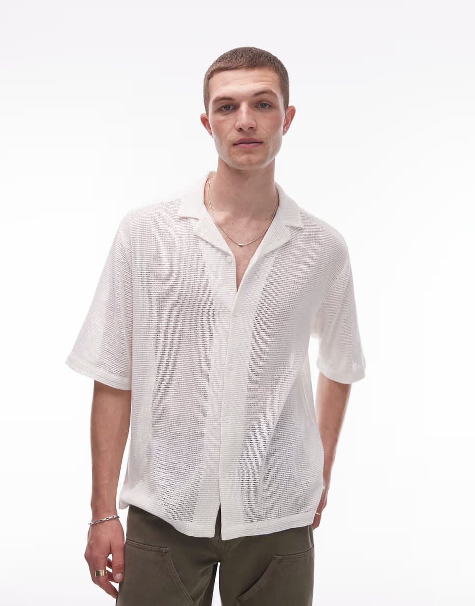 ASOS Topman regular fit crochet shirt in ecru