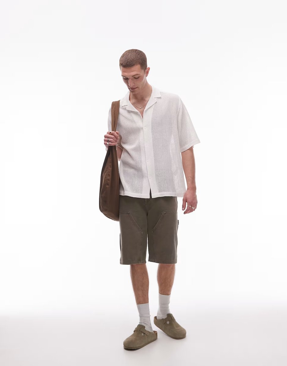 ASOS Topman regular fit crochet shirt in ecru - 2