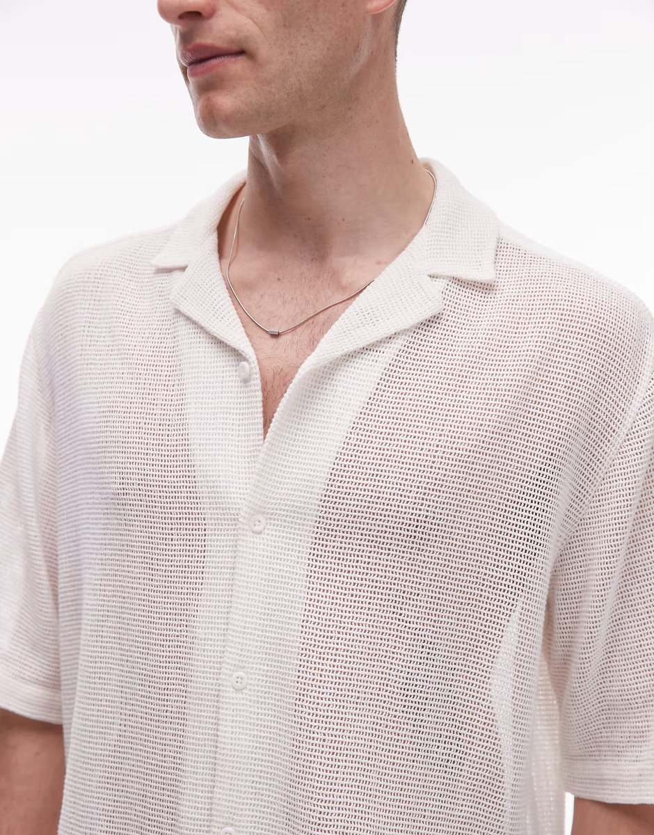 ASOS Topman regular fit crochet shirt in ecru - 3