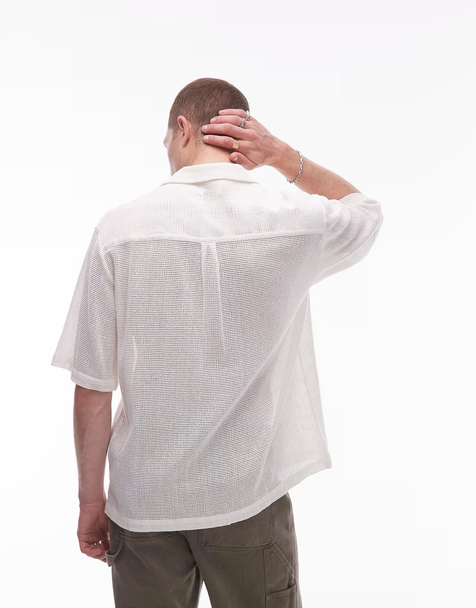 ASOS Topman regular fit crochet shirt in ecru - 4