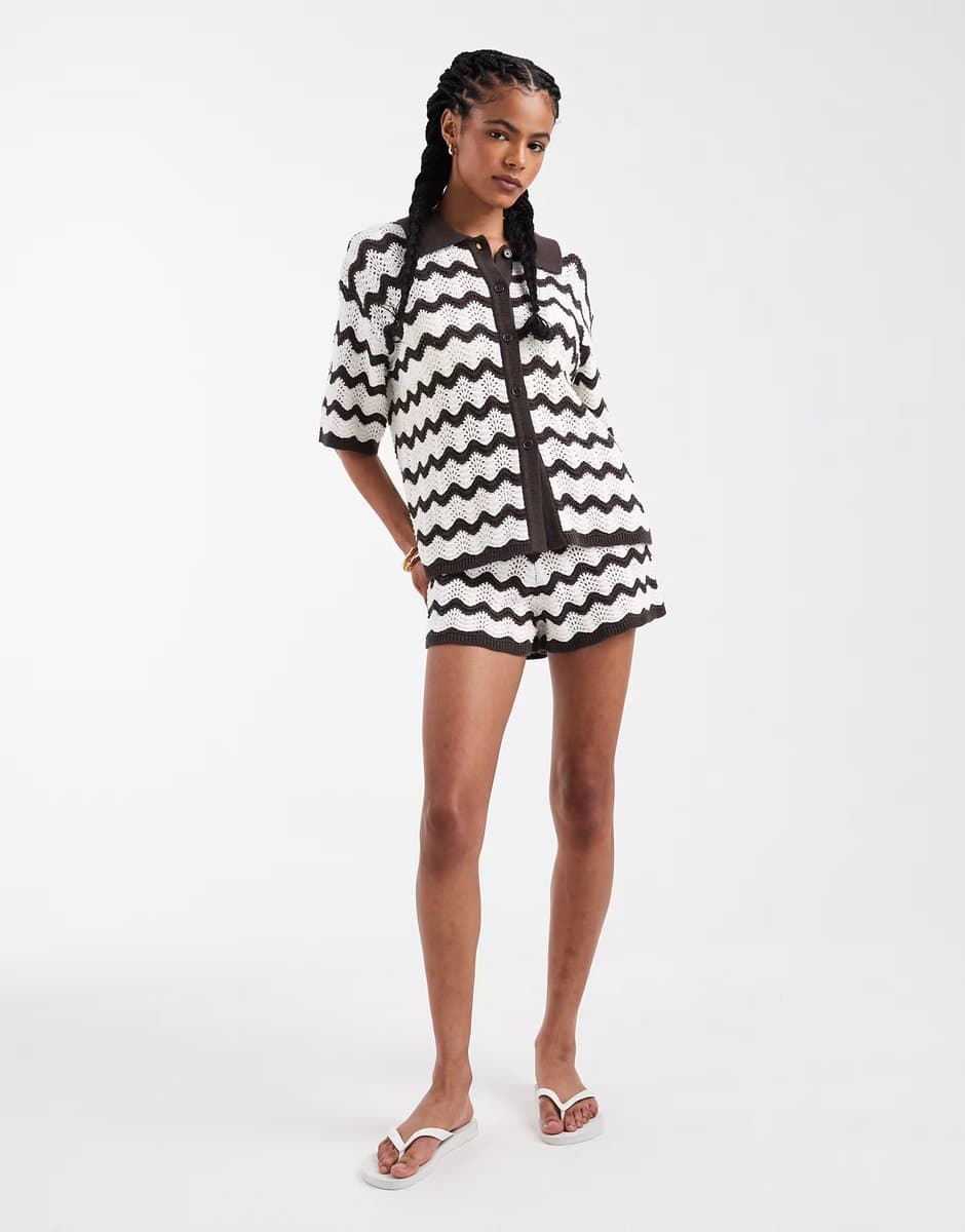 ASOS 4th & Reckless crochet knit beach short co-ord in brown & white zig zag