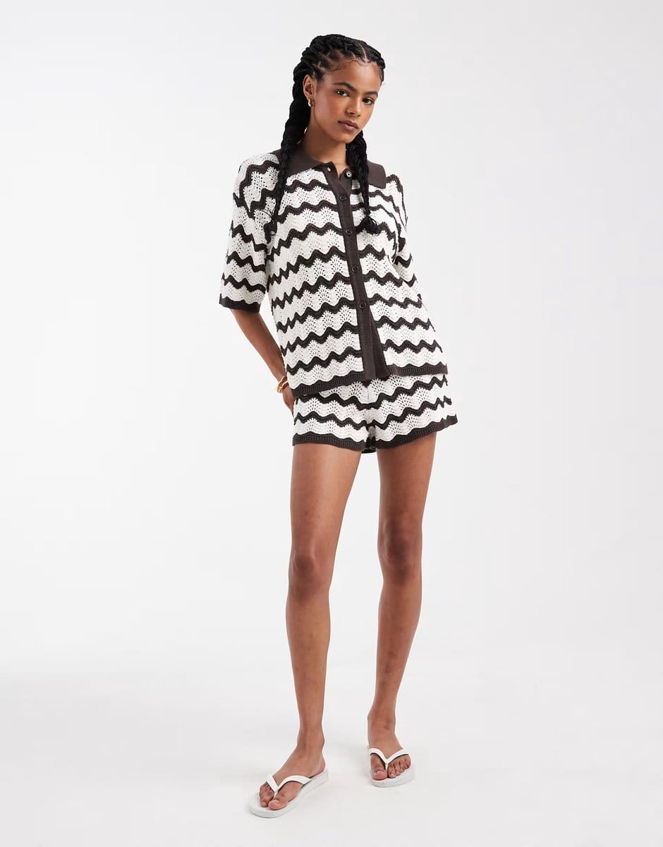 ASOS 4th & Reckless crochet knit beach short co-ord in brown & white zig zag - 1