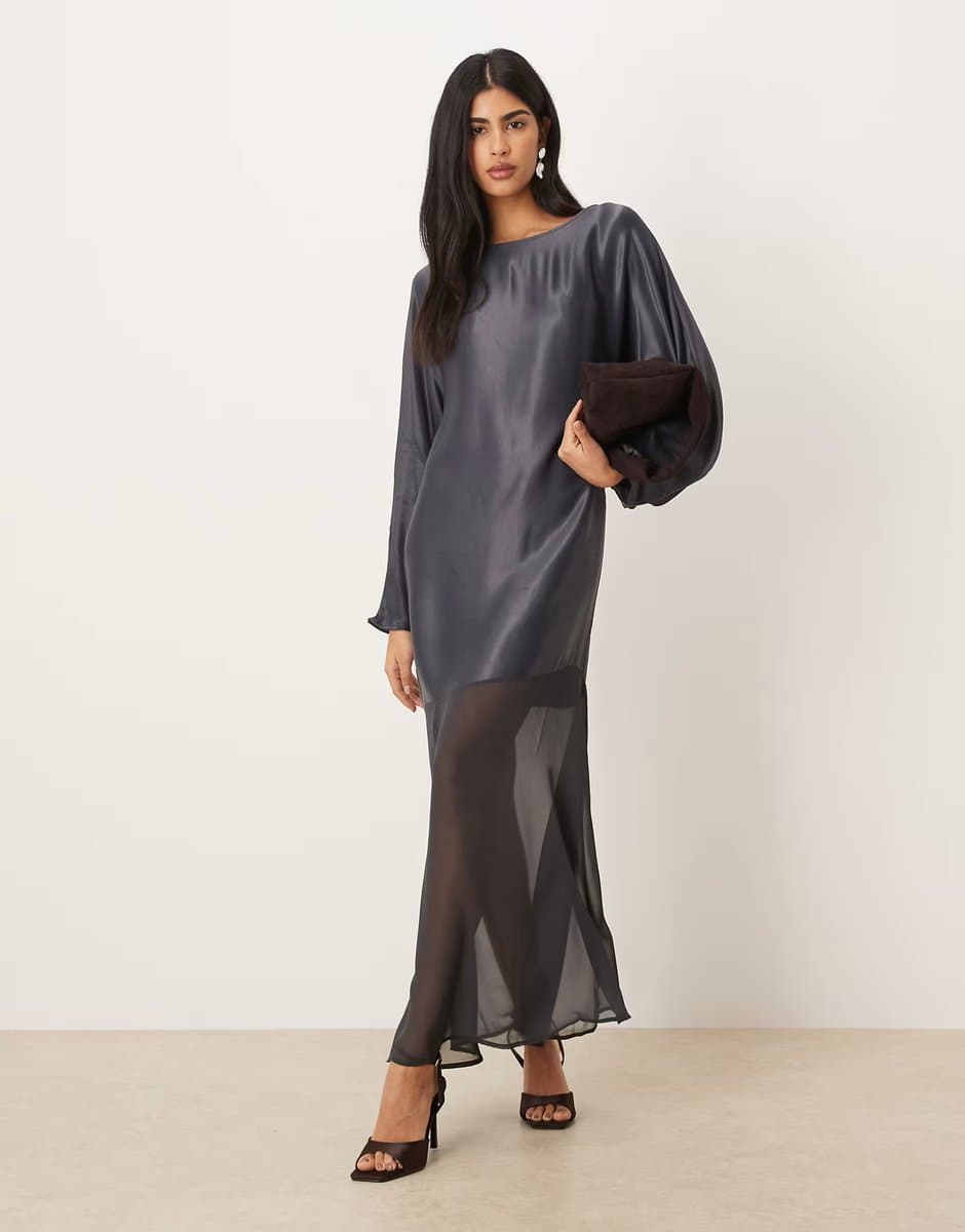 ASOS ASOS DESIGN slash neck satin maxi dress with batwing and chiffon skirt in grey