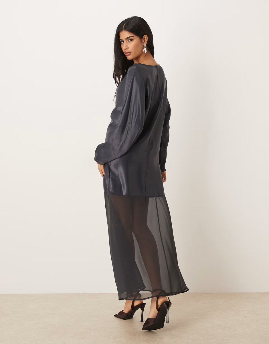ASOS ASOS DESIGN slash neck satin maxi dress with batwing and chiffon skirt in grey - 3