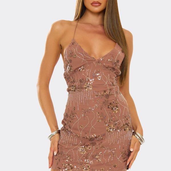 EGO Strappy Embellished Detail Mini Dress In Taupe, Women's Size UK Large L - 2