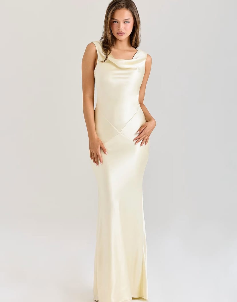 ASOS House of CB Safaira lemon satin draped cowl neck maxi dress in lemon - 1
