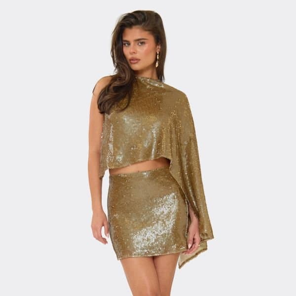 EGO EGO Gold Asymmetric Cape Backless Top with Sequin Finish